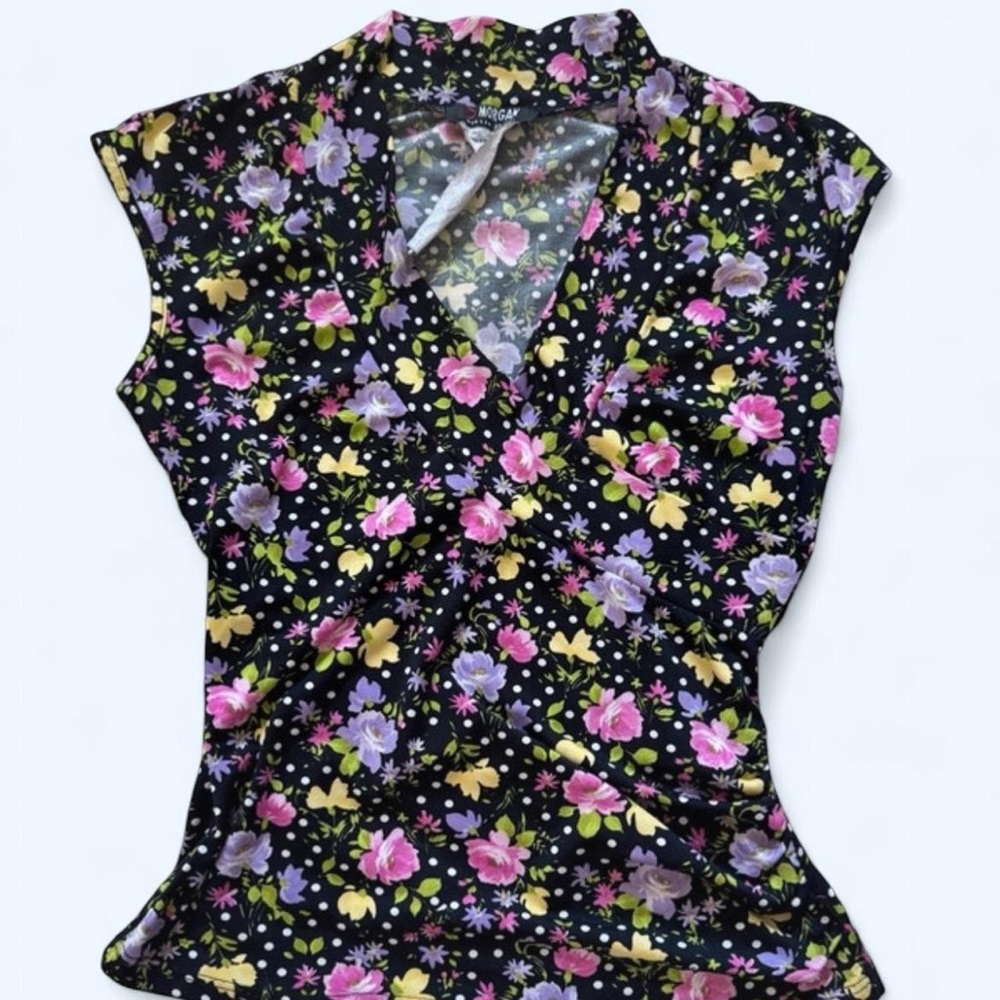 Rare Vintage 90s Morgan de toi black white yellow pink floral short sleeve top - Picture 2 of 4
